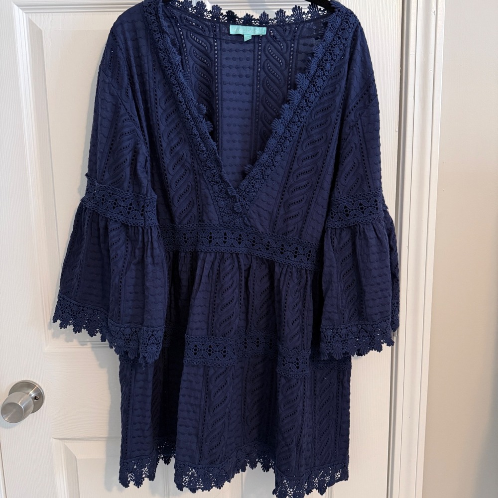 Melissa Odabash Eyelet Dress Womens M Navy Blue Boho Lace Beach Cover Up Mini